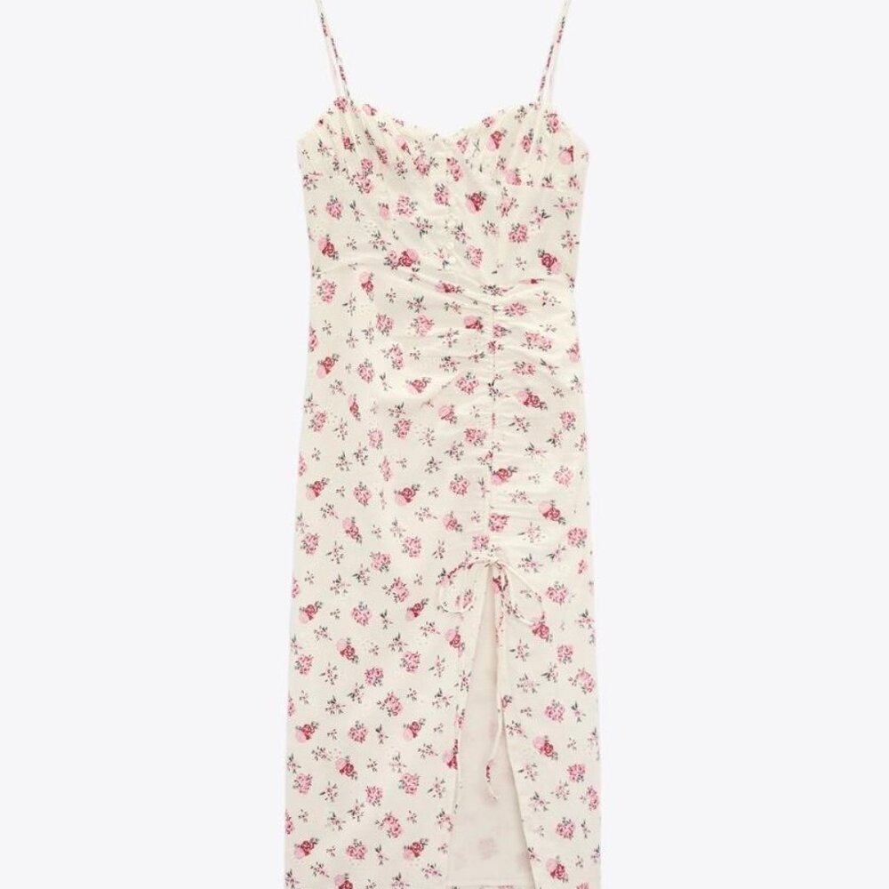 zara floral midi dress in cream with an allover pink rose print